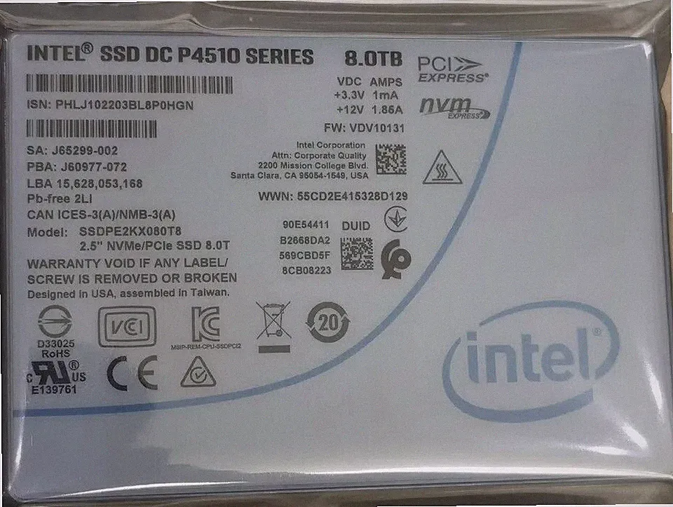 2pcs 8TB Intel SSD P4510 Series DC NVME U.2 2.5" Solid State Drive