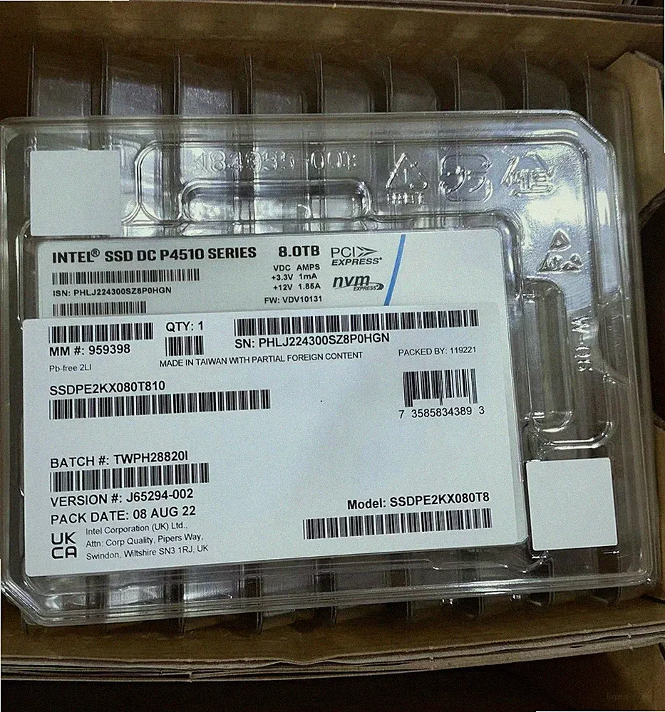 Intel P4510 8TB Series SSD DC NVME U.2 2.5" SSDPE2KX080T810 Solid State Drive