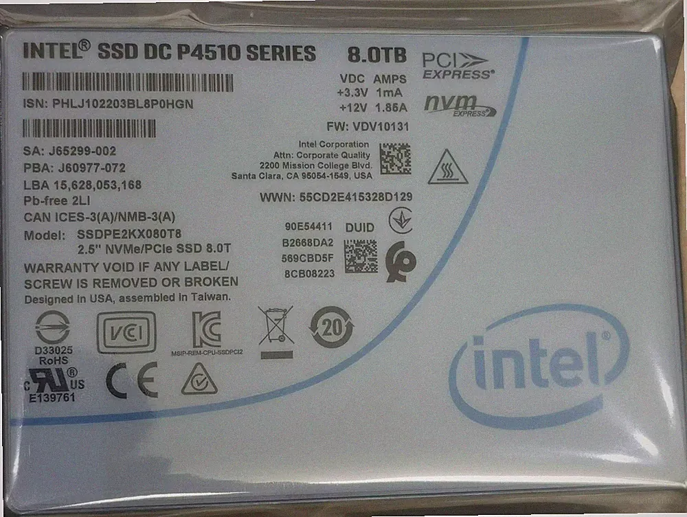 Intel SSD 8TB P4510 Series DC NVME U.2 2.5" SSDPE2KX080T8 Solid State Drive