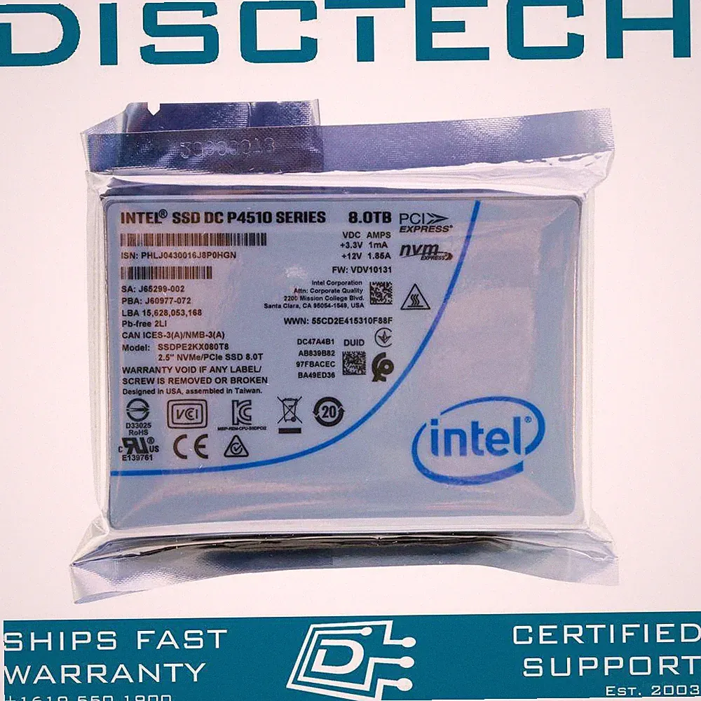 Intel SSDPE2KX080T801 8TB 2.5" TLC DC P4510 Series SED PCIe NVMe 3.1 8TB SSD