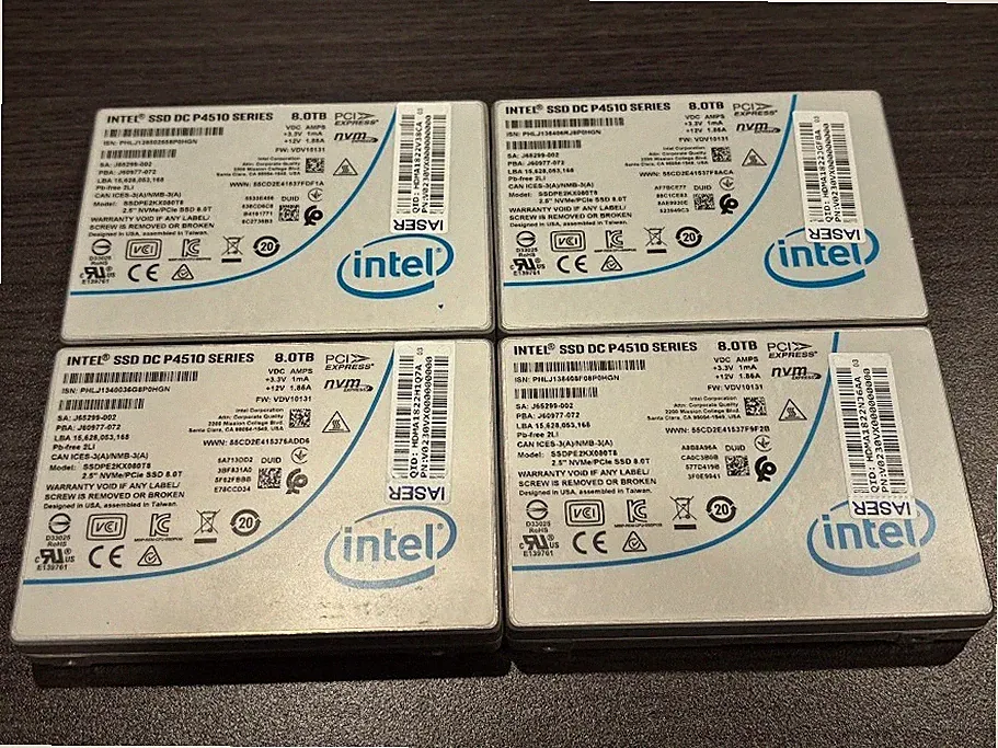 Lot of 4 SSDPE2KX080T8O Intel DC P4510 8TB 3D TLC PCIe Gen 3 NVMe U.2 2.5" SSD