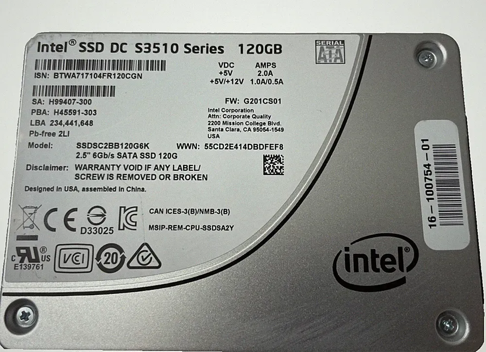 LOT OF 5 INTEL S3510 SERIES 120GB 2.5" SATA SSD SSDSC2BB120G6K, Grade A